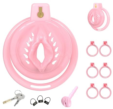 Cage de Chasteté pour Pénis de Sissy Sex Toýs Homme Cage de Pénis avec Serrure Dissimulée et 6 Anneaux Différents Petite Chastity Cage en Silicone avec Cathéter pour Bondage le Pénis (Pink,A)