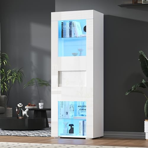 Merax Vitrinenschrank 170cm, Standvitrine mit Acryltür & LED-Beleuchtung, Hochschrank mit 2 Verstellbare Glasböden, Moderner Sammlervitrine Bücherschrank für Wohnzimmer Küche Esszimmer Büro, Weiß
