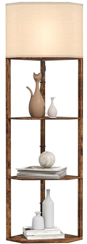 HOMCOM Corner Floor Lamp with Shelves, Modern Tall Standing Lamp with Chain Switch for Living Room, Bedroom, Bulb Not Included, Rustic Brown