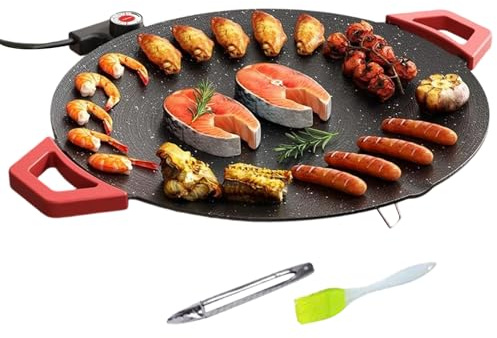 Zyntora Grill Électrique d'Intérieur - Poêle Ronde Portable Antiadhésive,Grill Rond à Steak avec Pinceau à Huile et Pinces de Barbecue,Pour Cuisine Cuisson Petit-Déjeuner Steak Pancake Burger