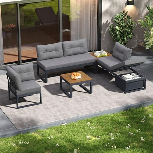FammyLoft Modulare Gartensofa Set mit Stauraum, Outdoor Sofa mit 3-stufig Verstellbarer Rückenlehne, Gartenlounge Set mit Liegefunktion, Wetterfester, für Terrasse, Balkon und Garten, Grau