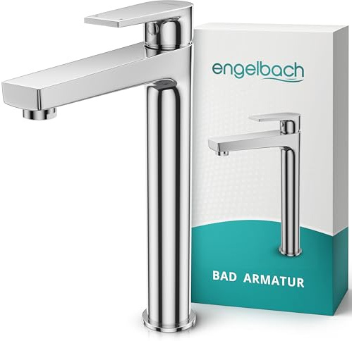 Engelbach® Wasserhahn Bad - 304 Edelstahl Waschtischarmatur Hoch mit langlebiger Keramikkartusche - inklusive 2 Schläuche & Anleitung, Armatur Badezimmer, Chrom