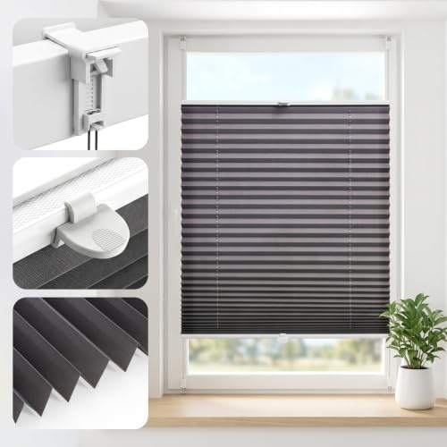 SALCAR Plissee ohne Bohren Klemmfix für Fenster & Türen, lichtdurchlässig & Blickdicht, Faltrollo stufenlos verstellbar, Sichtschutz mit Alu-Leisten, Anthrazit, B 80 x H 120 cm