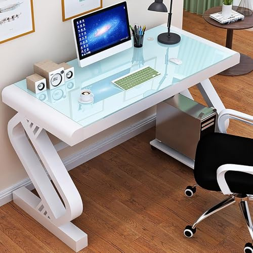 FYGZHMS Escritorio para Ordenador de Cristal Templado con Estructura de Acero al Carbono en Forma de Z, Mesa de Gaming Moderna con Gestión de Cables(White White,80cm)