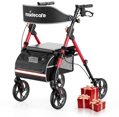 Rollator Walker with Seat and Wheels for Elderly, Folding 4 Wheels Rollators for Seniors and Disabled, Outdoor/Indoor Walker, 20cm All-Terrain Tires, 6-Level Height-Adjustable Handle, Aluminum, Red