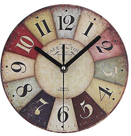 Timelike Reloj de pared de madera MDF vintage, rústico, redondo, decorativo, estilo retro, reloj de pared de cuarzo (8 pulgadas, colorido)