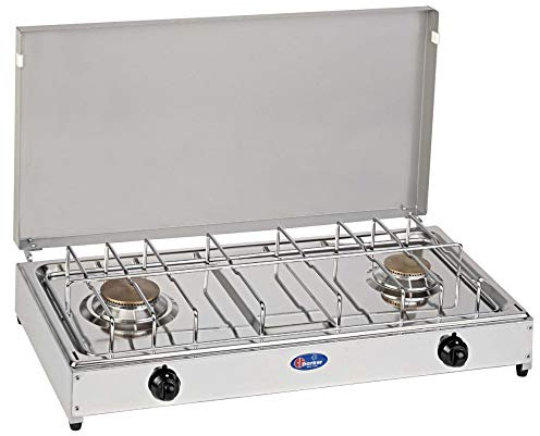 FORNELLO DA TAVOLO PARKER GAS GPL (BOMBOLE) 2 FUOCHI CON PIANALE IN ACCIAIO INOX TELAIO GRIGIO + KIT REGOLATORE BOMBOLE ATTACCO ITALIA