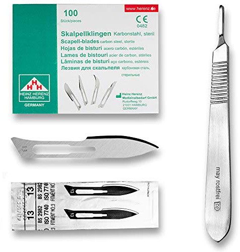 May Skalpell Set - 100 Sterile Skalpellklingen Figur 13 aus Karbonstahl, einzeln verpackt - Inkl. Edelstahl Skalpellhalter Nr. 3 - Präzisions Einwegklingen für Basteln, Modellbau & Fußpflege | Großes Profiwerkzeug für Handwerk und Kosmetik. Extrem scharf und langlebig.