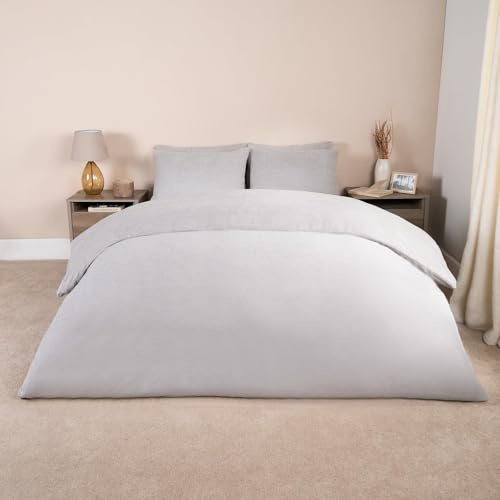 Brentfords Teddy Fleece Duvet Cover with Pillow Case Thermal Fluffy Warm Cosy Soft Bedding Set, Grey Silver, Double