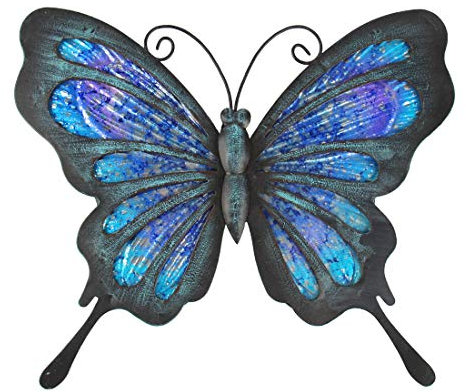 HONGLAND Wanddekoration aus Metall, Schmetterling, Glas, für den Außenbereich, Wandkunst, Skulptur, hängende Gartendekorationen, blau, für Haus und Garten
