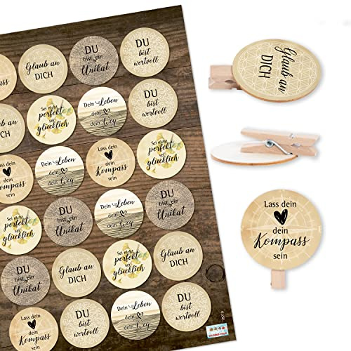 Logbuch-Verlag 24 Sprüche Klammern Motivation Affirmation kleines Geschenk Dekoklammern als Verzierung für Verpackungen Ø 4 cm