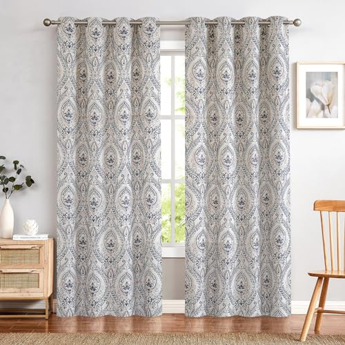 TOPICK Blickdicht Vorhänge Wärmeisoliert Verdunkelungsvorhang mit Ösen Blumen Muster Vintage Leinenoptik Gardine Lichtdicht Thermovorhang für Wohnzimmer Schlafzimmer 2 Stück H225xB130cm Blau