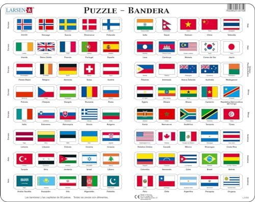 Larsen Puzzles L2 Flaggen der Welt, Spanisch Edition, 80 Teile Lernpuzzle für Kinder ab 6 Jahren, Rahmenpuzzle mit Länderflaggen & Hauptstädten, Geografie Quizspiel