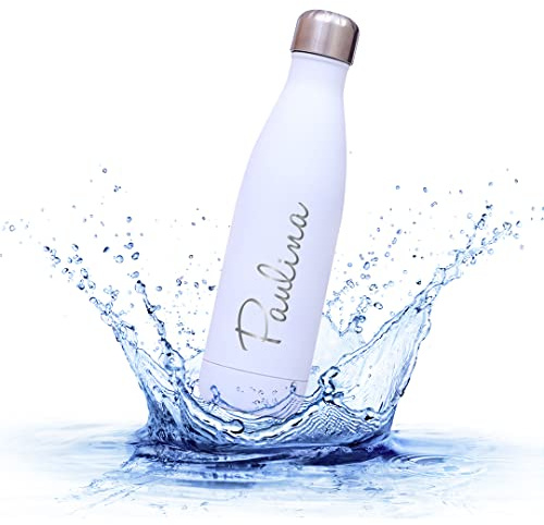 Sprengers – Personalisierbare Trinkflasche aus Edelstahl – auslaufsichere & thermoisolierte Wasserflasche hält Getränke bis zu 18 Stunden warm oder kalt – Gravur mit Namen und Motiv (Weiß, 1 l)