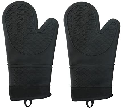 Topfhandschuhe Silikon Ofenhandschuhe Hitzebeständige bis zu 230°C Lange Backhandschuhe Anti-rutsch Kochhandschuhe Oven Mitts für Kochen, Backen, Grillen, 1 Paar (black)