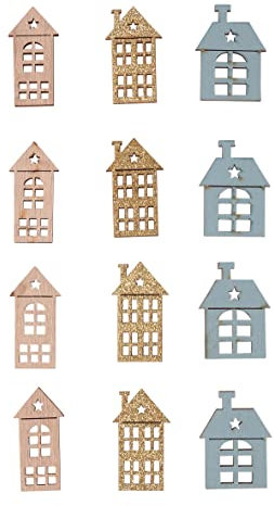 Rayher Holz Streuteile Haus, 4 cm, mit Klebepunkt, Beutel 12 Stück, sortiert, Tischstreuer, Streudeko Weihnachten, 46663999