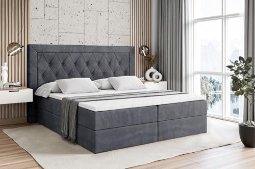 ALTDECOR Boxspringbett mit Matratze und Lattenrost, Boxbett, Topper, Polsterbett mit Bettkasten, Bett mit Stauraum H3-Matratze, Doppelbett, Springboxbett - Noel - 180x200 - Dunkelgrau Samt