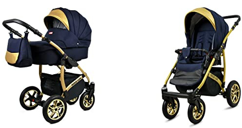 BabyLux Gold Lux 2-in-1 Baby Kinderwagen Tief und Kinderwagen mit Zubehör Verstellbar und faltbar Aluminium Konstruktion Wasserdicht Nicht abnehmbare Räder Shell Gold Frame
