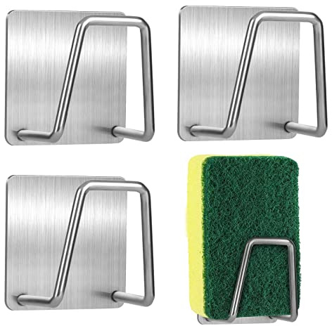 Mooshy 4 Piezas Accesorios Fregadero Cocina, Organizador Estropajo Fregadero Soporte Estropajo Fregadero de Metal Tapa de Olla de Vajilla Acero Inoxidable con Marco Impermeable Autoadhesivo Suspendido