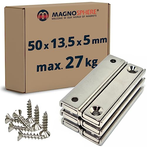 Neodym Magnet zum Anschrauben extra stark - 27 kg - mit Senkbohrung - 6 Stück - Starke Quader-Magnete 50mm lang mit 2x Loch/Bohrung und Senkung für Büro Haushalt Werkstatt (inkl. 12 Schrauben)