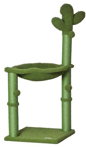 PawHut Arbre à Chat griffoir Forme Cactus en sisal Naturel hamac Pompon Suspendu - 40 x 40 x 96 cm Vert