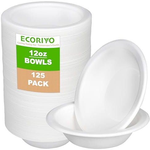 ECORIYO Sugarcane Disposable Bowls 12 Oz - 125-Pack of 350ml Biodegradable Paper Bowls, Compostable & Disposable Soup Bowls from Sugarcane – Bulk Pack of Heavy Duty Party Bowls