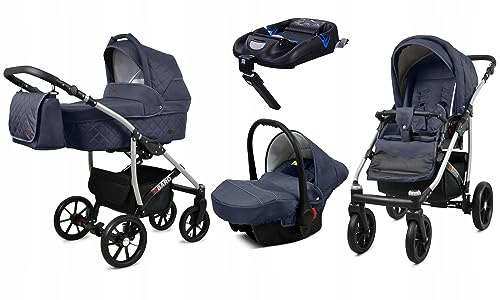 BabyLux® Kinderwagen Set 4 in 1 - Qbaro - incl. Babywanne, Buggy Sportsitz, Auto-Babyschale, ISOFIX-Basisstation - Autositz - Kinderwagenset - Kombikinderwagen mit Wickeltasche usw.