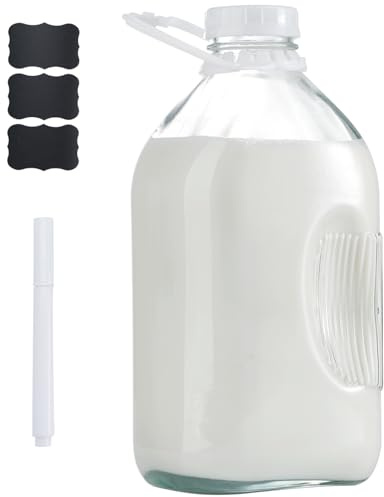 FyndraX Glass Milk Jugs Bottle - 64Oz Water Container with Airtight Screw Lid, Half Gallon Juice Jar Pitcher for Storage Iced or Hot Drinks in Refrigerator, Set of 1