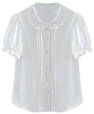 Short Sleeve Shirts Women Solid Peter Pan Collar Ruched Lolita Style Sweet Preppy Fashion School Girls Tops Lovely New Casual White