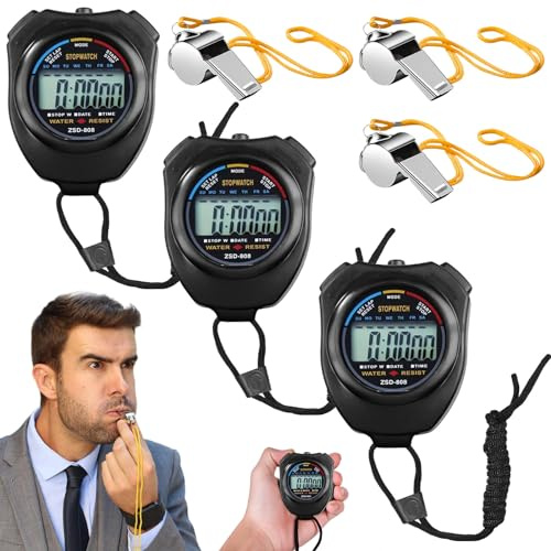 Cronometro digitale sportivo, 3 pezzi, impermeabile con 3 fischietti in acciaio inox, grande display, sveglia cronografo per allenamento, fitness, corsa (nero)