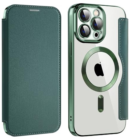 Bakicey Hülle für iPhone 14 Klapphülle Magnetische Hülle, Kartenfach PU Leder Anti-Kratzer Handyhülle mit RFID-Sperre Schutzhülle Transparent Flip Case Cover für iPhone 14, Dunkel Grün