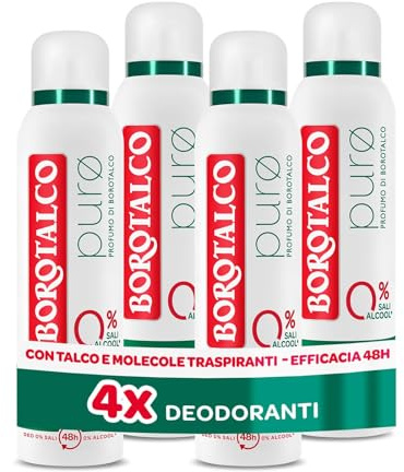 Borotalco, Ren spraydeodorant, talk med andningsbara, torra luktfria molekyler, 48h effektivitet, alkohol- och aluminiumsalterfri, Borotalco parfym - 4 stycken på 150 ml - Amazon-exklusiv