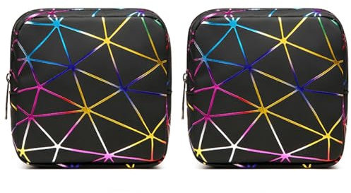 TUOJINRUIDA 2 PCS Aufbewahrungstaschen für Damenbinden mit Geometrischen Mustern, Tragbare PU-Aufbewahrungstaschen für Feminine, ideal für Teenager-Mädchen, Frauen und Damen (Schillernd Schwarz)