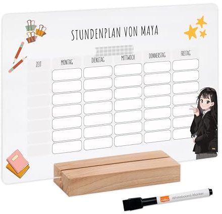 Bärenfreunde - Personalisierbarer & Abwaschbarer Stundenplan aus Acryl + Stift, Holzhalter - Einschulung Geschenk, Schultüte zum Schulanfang oder Grundschule (Anime Peace,mit Holzhalter)