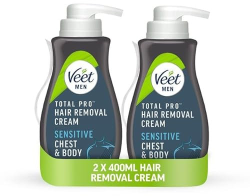 Veet Men Sensitive Hair Removal Cream, Chest & Body, 800ml (2X400ml) - Dermatologically Tested, Promotes Softer Regrowth