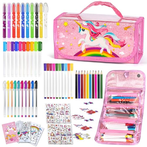 Auney Regalo Bambina 4 5 6 7 8 9 10 Anni,Unicorno Set Cancelleria Bambina,Kit Cartoleria Kawaii include Astuccio Portapenne-Pennarelli-Pastelli-Penna Neutra-Penne Colorate-Matite