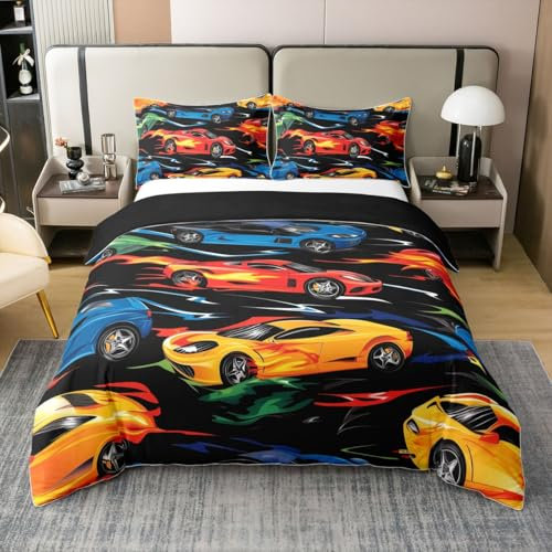 Speed Car 100% Baumwolle Bettwäsche Set für Kinder,Bunte Rennwagen Bettbezug 135x200 für Jungen Mädchen,Hippie Sport Auto Bett Set,Extreme Sport Bettbezug mit 1 Kissenbezug Gemütlich