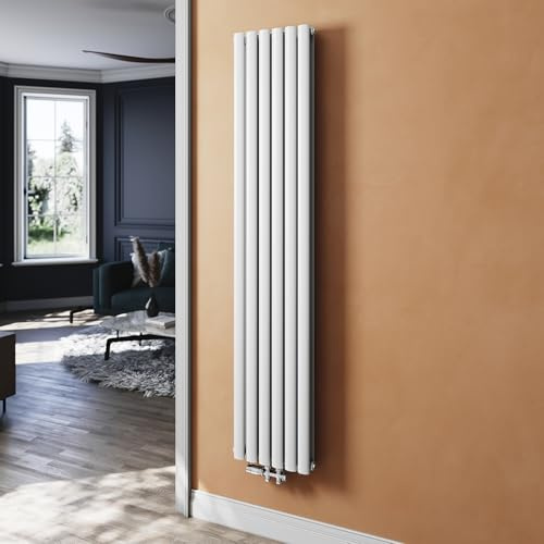 SUNXURY Termoarredo da bagno 357x1800mm Radiatore a tubi Radiatore verticale Pannello scaldasalviette a doppia parete con Multiblock centrale in cromo, bianco