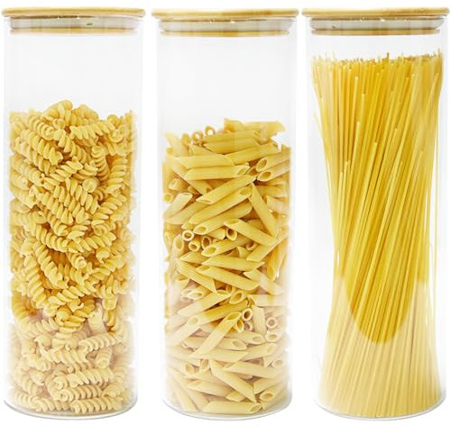 Unibos | 2025ml Glass Spaghetti Pasta Storage Container With Lids Set Of 3, Tall Clear Airtight Food Storage Jar With Cover Kitchen Pantry Storage Container For Noodles Flour Cereal Coffee Beans
