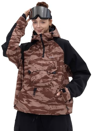 SNOWVERB Womens Snowboard Baggy Anorak Half-zipper Snow Jackets Camo Leopard Waterproof Mountain Ski Coats with Hood (US, Alpha, Medium, Regular, Regular, Desert Camo/Black)