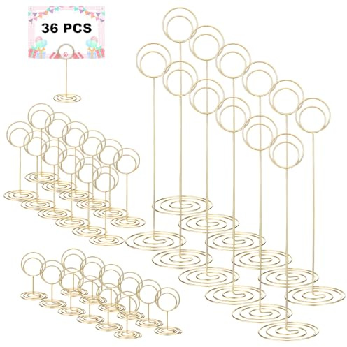 Nodaaiie 36 Pcs Table Number Holders, Metal Place Card and Photo Picture Holders Stand, 3 Sizes for Wedding Party Birthday Centerpieces, Restaurant Banquet Table Decor, Gold