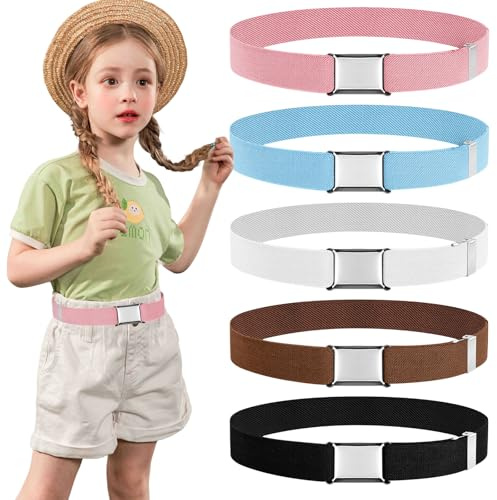 Furuising 5 Pezzi Elastica Cintura per Bambini, Regolabile Cintura Elastica con Fibbia Quadrata per 2-13 Anni per Ragazzi Ragazze Jeans, Pantaloncini, Pantaloni, Vestito