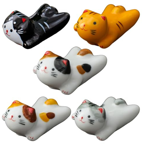 Hintyne Lot de 5 Porte-Baguettes en céramique Style Japonais Motif Chat Porte-Bonheur pour dîner Fourchette cuillère Couteau Vaisselle Cadeau de Cuisine pour la Maison