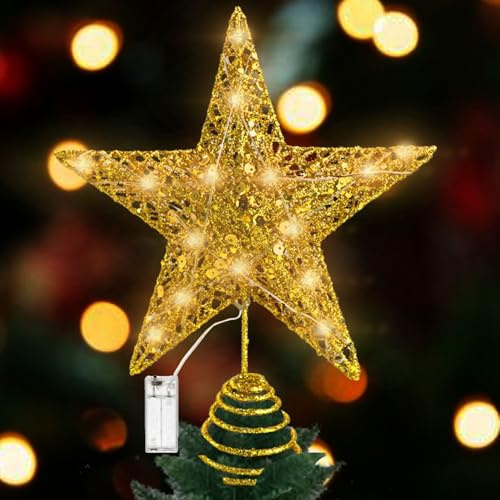 Estrella Arbol de Navidad Led,20 * 25 * 5.5cm Estrella Arbol de Navidad con Luz,Alimentada por Pilas Base Espiral,para Interiores y Decoracion Festival Hogar,Fiesta,Salón,Jardín