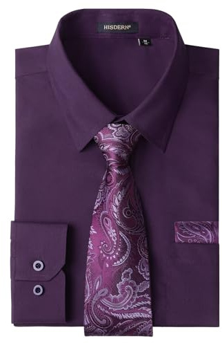 HISDERN Herren Hemd Langarm Einfarbige Hemden mit Krawatte und Taschentuch Formelle Businesshemd Hochzeit Freizeithemd mit Brusttasche Regular Fit