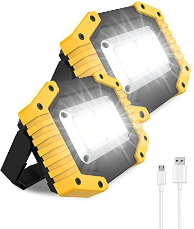 Foco LED de 30 W con batería, recargable, superbrillante, 3 modos de luz, luz de trabajo, impermeable, COB USB, lámpara de camping para garaje, exterior, camping, emergencia, obras, 2 unidades