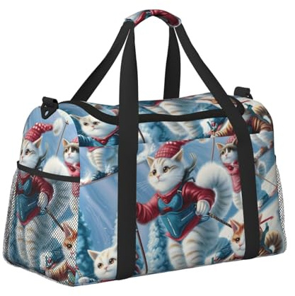 Cabin Bag Travel Duffle Weekend Gym Bags for Women Men Small Carry on Underseat Hand Luggage, Cats Skiing on The Snow Slope