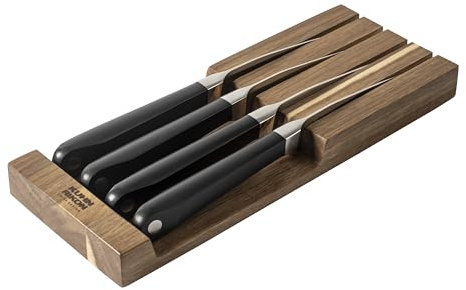 Kuhn Rikon Culinary Forged Steak Knife Set 4 pcs with Acacia Tray – Forged Steel Blades for Effortless Meat Cutting – Elegant Wooden Storage for Safe and Stylish Organisation