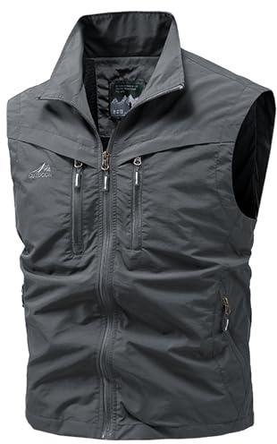 FEOYA Gilet D'extérieur pour Homme Gilets de Pêche avec Multi-Poches Léger à Séchage Rapide Gilet Sans Manches de Sport Voyage Camping Chasse Photographie Camping Gris XXL