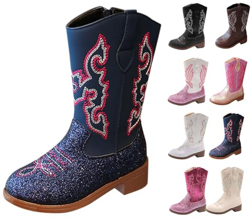 Stivali alti al ginocchio da cowboy per ragazze stivali da equitazione per bambini glitter Y2K in pelle lunga stivali da ballo punta rotonda tacco scarpe invernali per Natale, festival, carnevale
